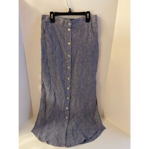 Artistan medium M Blue 100 linen maxi skirt buttons elastic waist bohemian